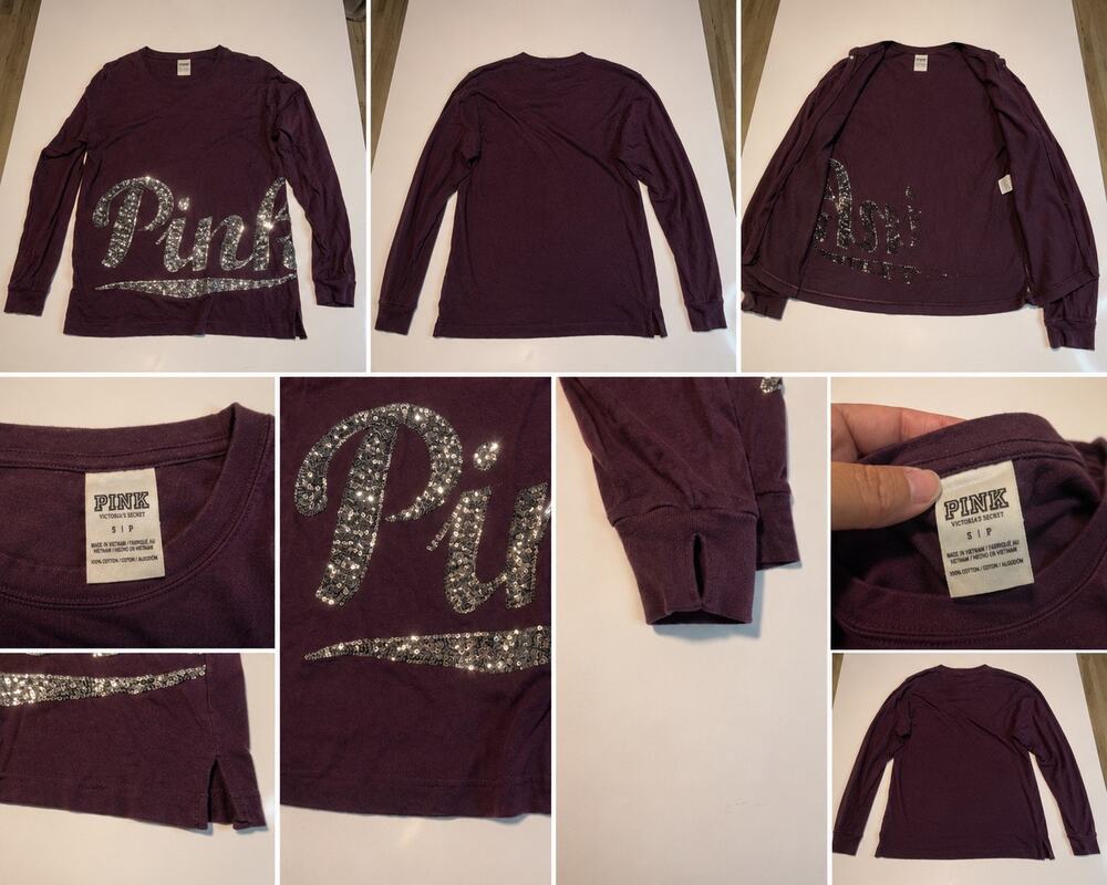 PINK Victoria’s Secret Purple Sequin Logo Long Sleeve Tee Women’s Small